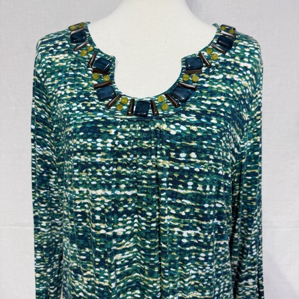 Ruby Rd Womens Large Blouse Knit Top Shirt Embellished Neckline Green Blue - Picture 3 of 8